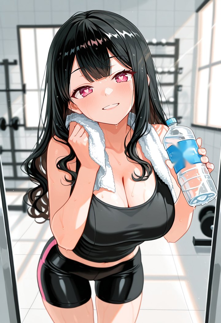 黒髪のコーチ、亜咲が首にタオルをかけて微笑む