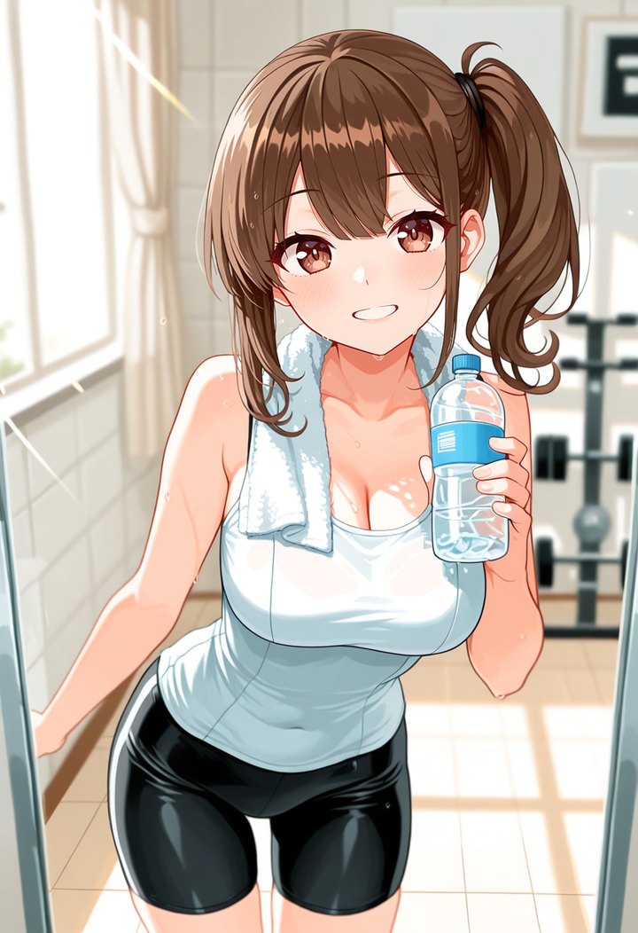 白いタンクトップで、水筒を持って笑う日和