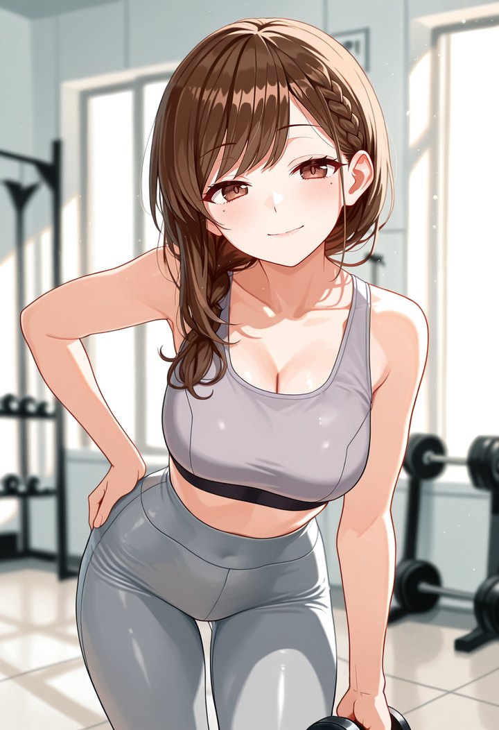 三つ編みの小春が、ラベンダーのスポーツウェアでやさしく笑う