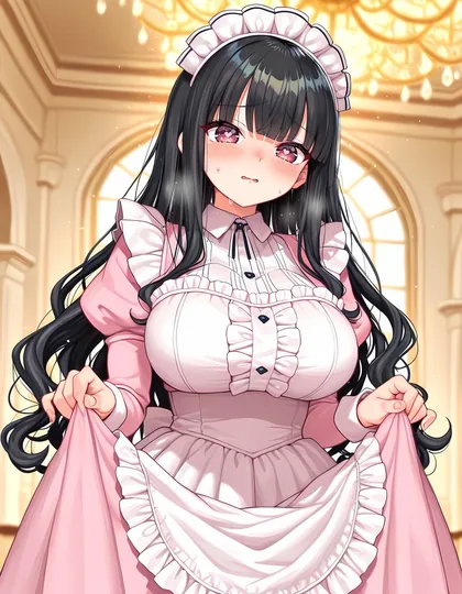 舞踏会でスカートをつまむ、ピンクのメイド服の亜咲