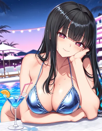 リゾートのプールでカクテルを持つ、青い水着の亜咲