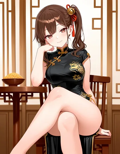 レストランで足を組んで座る、黒いチャイナドレスの日和