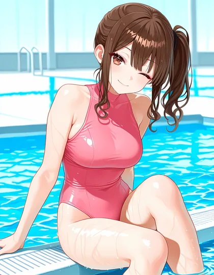 プールのふちに座って足を水につける、ピンクの水着の日和