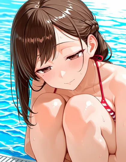 プールサイドでひざを抱える、赤いしまの水着の小春