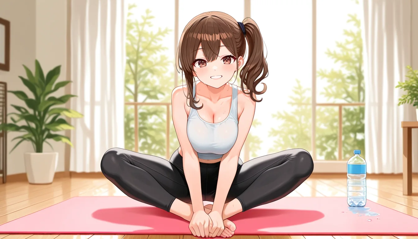 家のヨガマットにすわって、こちらを見る日和