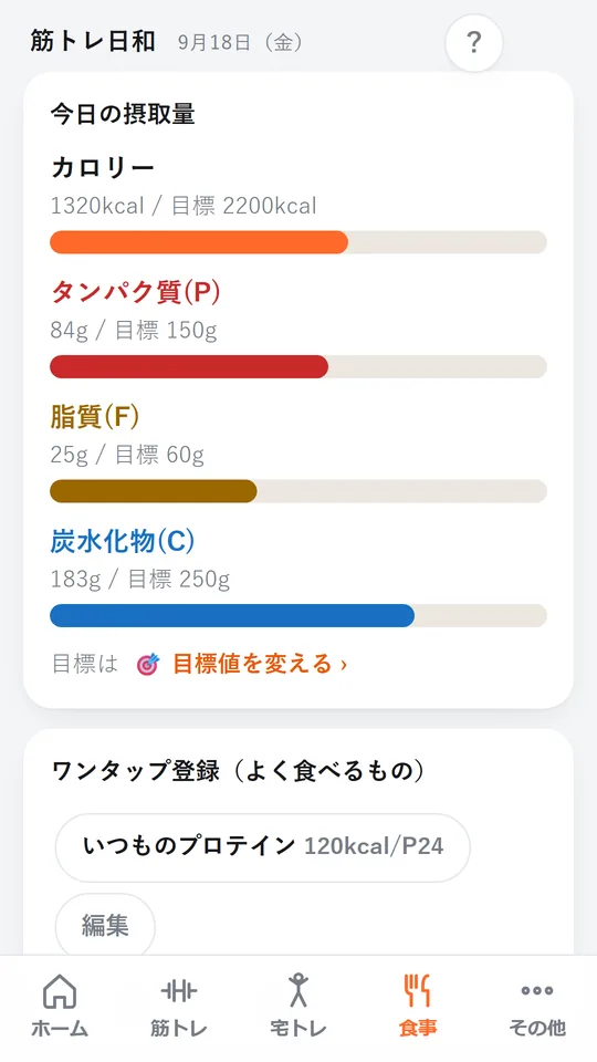 食事画面。今日のカロリーとタンパク質・脂質・炭水化物の目標に対する量